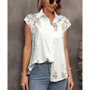 White & Pink Floral V-Neck Button-Up Top 2X - 22W #1694-B5